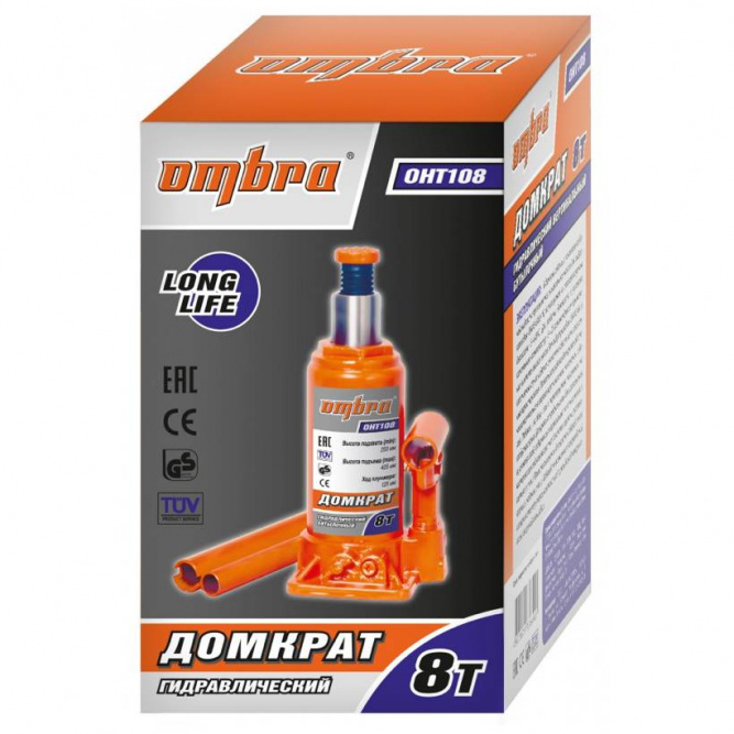 Домкрат гидравлический бутылочный профессиональный OMBRA OHT108, 8 т, 200-405 мм